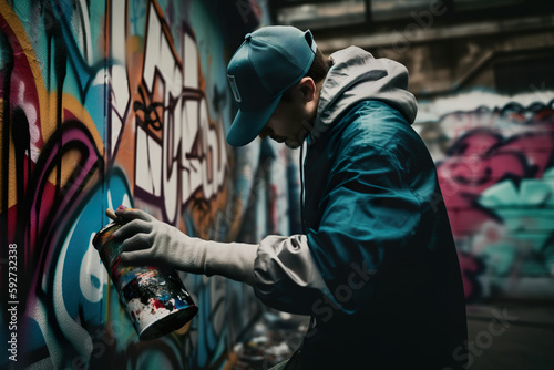 Graffiti artist paining something on the wall, AI generative illustration