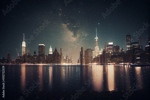 Skyline of New York city at night  generative AI