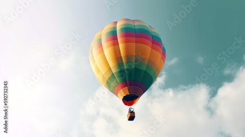 A pastel - colored hot air balloon gently floating in the sky, leaving ample copy space below for a whimsical and uplifting message. Generative ai.
