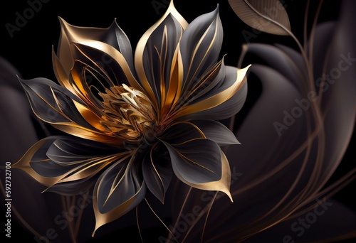 Spectacular modern abstract realistic flower on a background of black plant foliage. Translucent and delicate flower with golden pollen and silvery gray petals. Digital art 3D. Generative AI