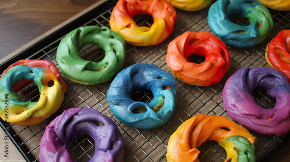 Rainbow multicolor bagels, AI generative food