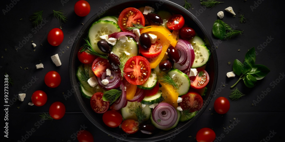 healthy and tasty greek salad in a black bowl, top view, created with generative ai