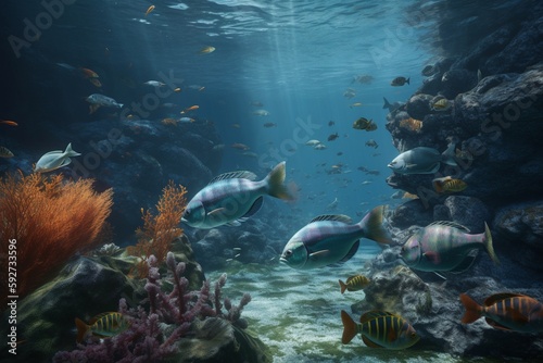 A detailed illustration of a group of fish in an underwater environment, Generative AI