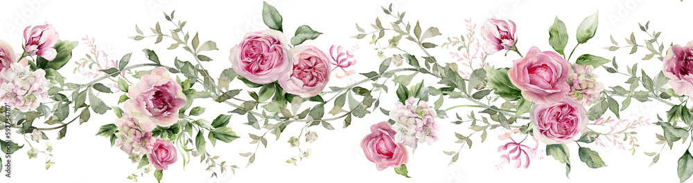 custom made wallpaper toronto digitalWatercolor flowers seamless border. Pink peony, rose, hydrangea. Floral arrangement for card, invitation, decoration. Illustration isolated on transparent background