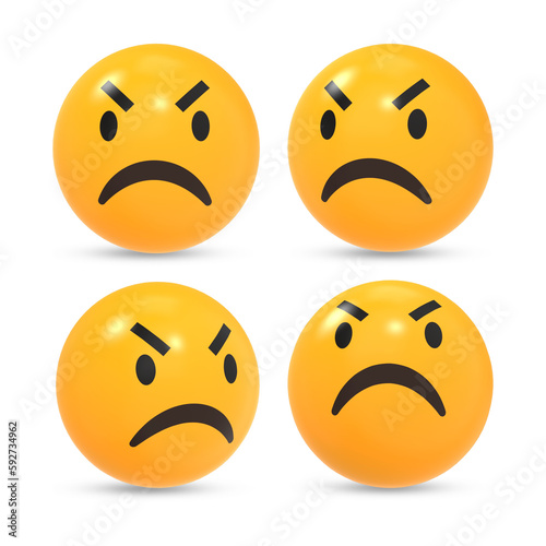 3D rendered angry emoji reaction icon with different view