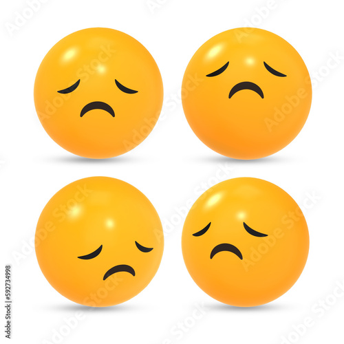 3D rendered sad unhappy emoji reaction icon with different view
