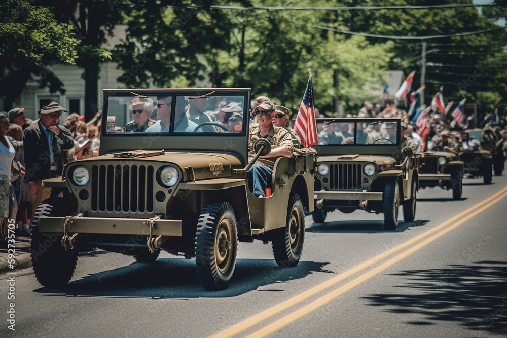 Memorial Day parade with veterans, military vehicles, and community members waving flags and cheering. Memorial day Generative AI