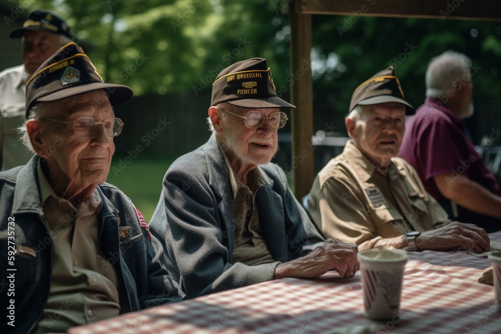 Veterans sharing stories and memories at a Memorial Day gathering. Memorial day Generative AI