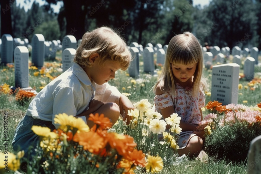 Children placing flowers on the graves of fallen soldiers, honoring their sacrifice. Memorial day Generative AI