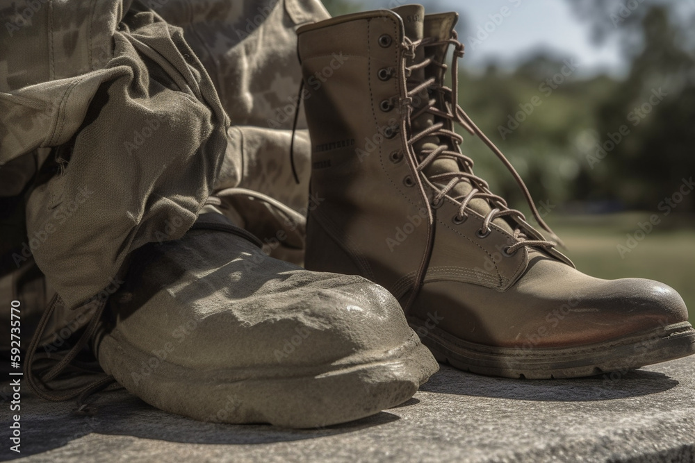 Close-up of a soldier's boots, rifle, and dog tags, placed solemnly on a memorial monument. Memorial day Generative AI Close-up of a soldier's boots, rifle, and dog tags, placed solemnly on a memorial monument. Memorial day Generative AI
