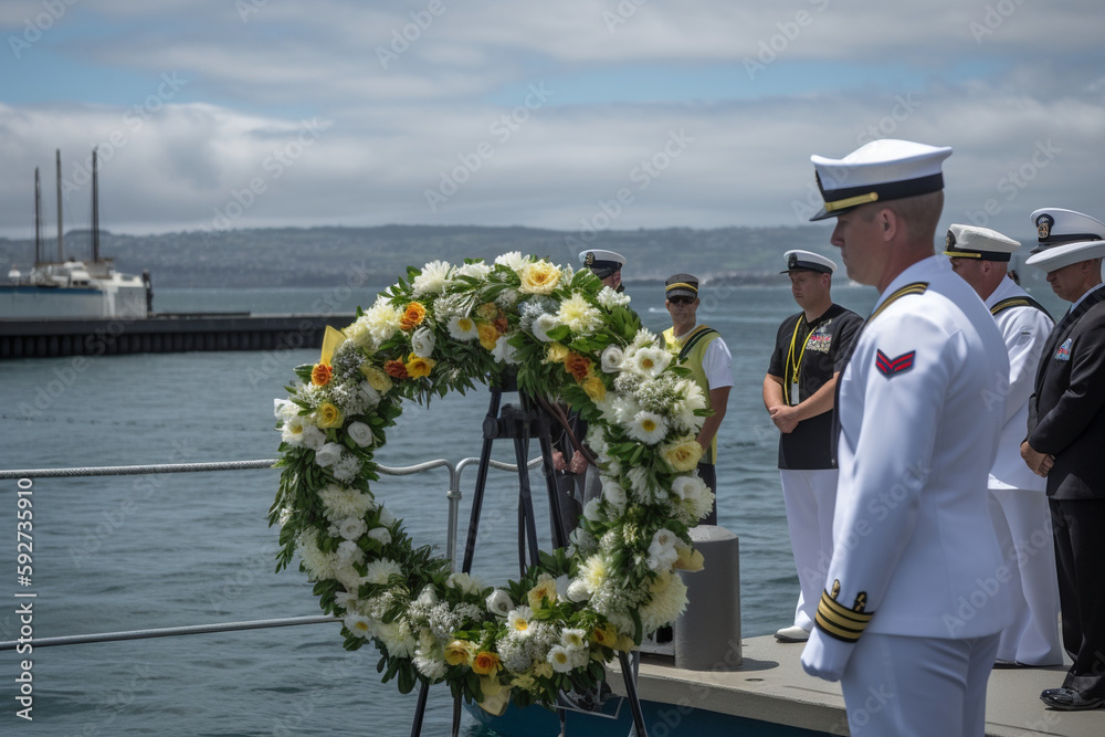 ภาพประกอบสต็อก A Memorial Day wreathlaying ceremony at sea, with a U.S