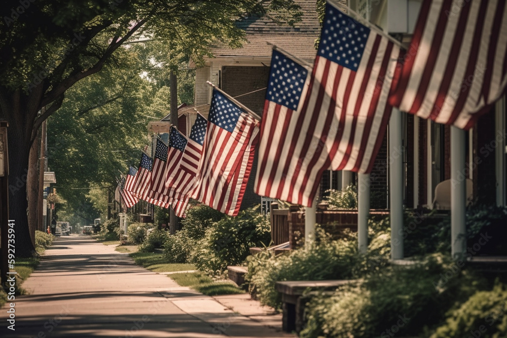 American flags lining the streets of a small town in preparation for