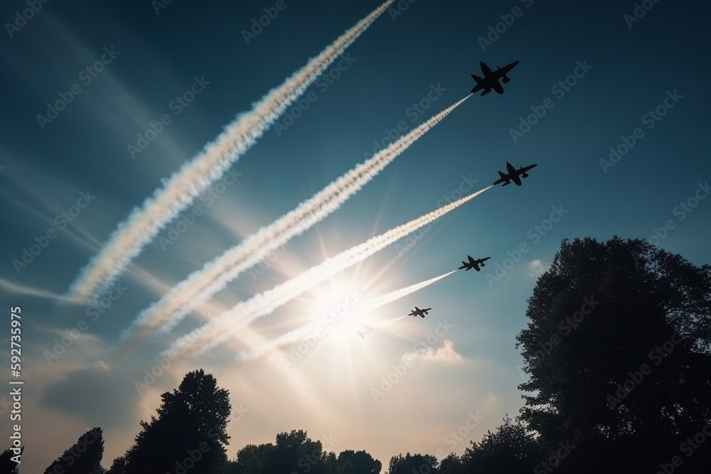 Military aircraft flying in formation, leaving trails of smoke in a Memorial Day air show. Memorial day Generative AI - obrazy, fototapety, plakaty 