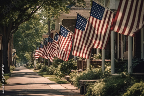 American flags lining the streets of a small town in preparation for Memorial Day. Memorial day Generative AI