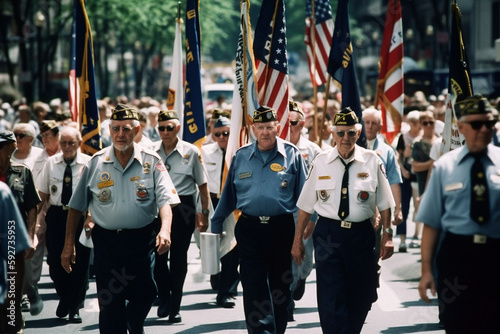Veterans marching in a Memorial Day parade, carrying banners and flags. Memorial day Generative AI
