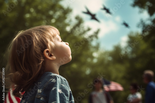 A young child holding an American flag and looking up in awe at a military jet flying overhead. Memorial day Generative AI