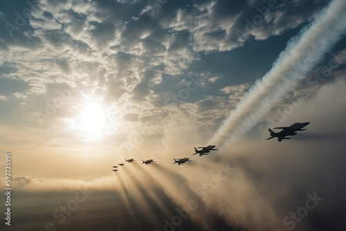Military aircraft flying in formation, leaving trails of smoke in a Memorial Day air show. Memorial day Generative AI