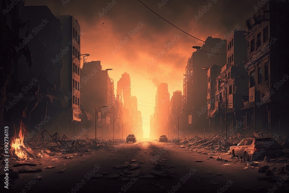 Burning building in the middle of the city, conceptual image