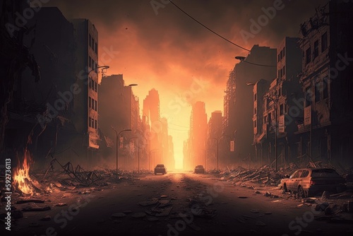 Burning building in the middle of the city, conceptual image