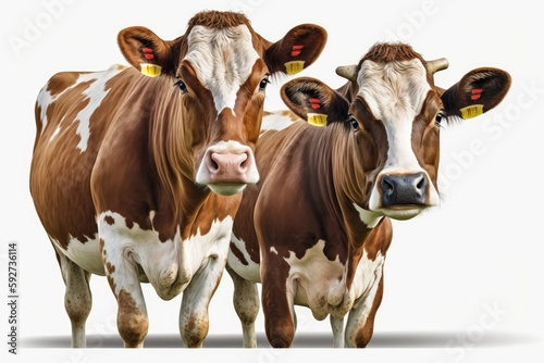 Group of brown and white cows isolated on white background with clipping path
