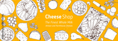 Cheese sketch, hand drawn illustration, top view frame. Food design template. Package pattern. Vector illustration with collection of cheese. Engraved style image. Dairy farm products cheese.