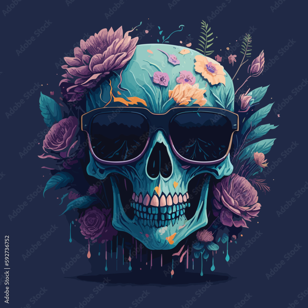 Fototapeta premium Skull wearing trendy sunglasses flower splash vector art