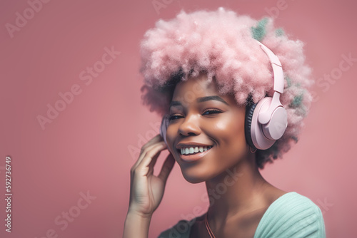 Dreaming black woman with pink afro hair listens song in headphones. World music day concept. Generative AI illustration