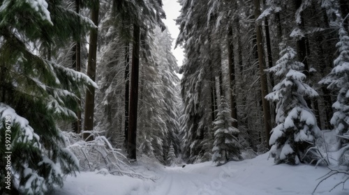 Beautiful landscape of the snowy evergreen forest, Generative AI