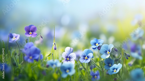 Flowering beautiful pansies in garden close-up. Summer natural banner with pansy flowers. Generative AI illustration