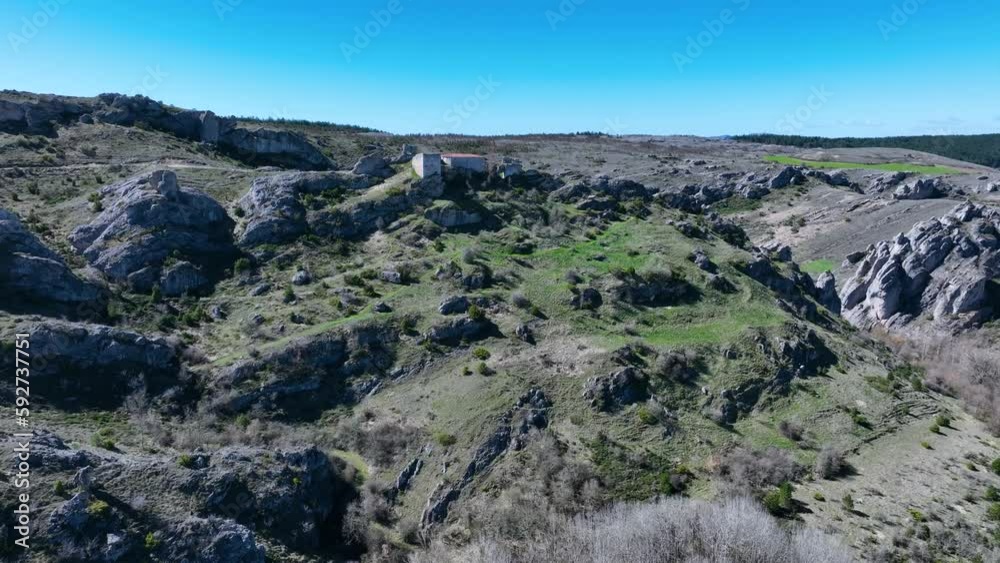 Winter landscape in the surroundings of Gama. Aerial view from a drone. Recuevas Valley. World geological heritage UNESCO. Las Loras Geopark. Palencia. Castile and Leon. Spain, Europe Winter landscape in the surroundings of Gama. Aerial view from a drone. Recuevas Valley. World geological heritage UNESCO. Las Loras Geopark. Palencia. Castile and Leon. Spain, Europe
