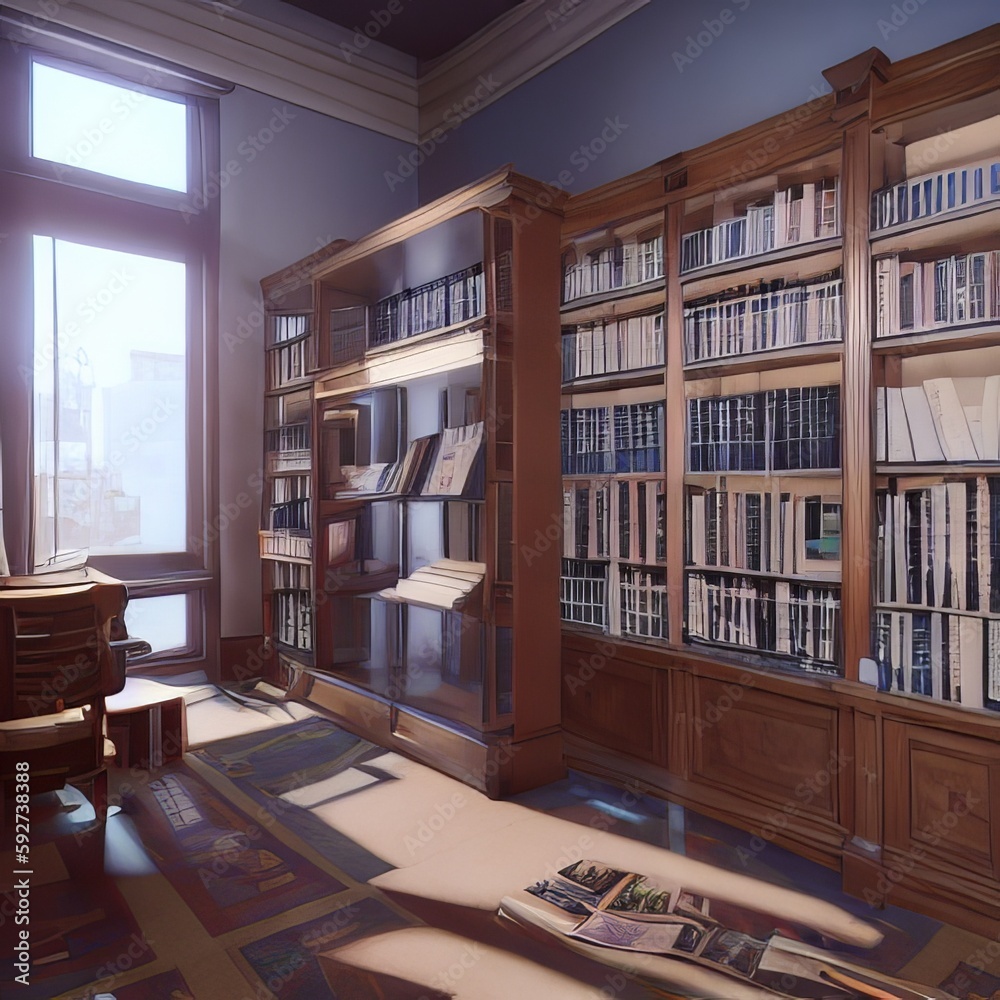 Bookshelves in empty library generated by AI Bookshelves in empty library generated by AI
