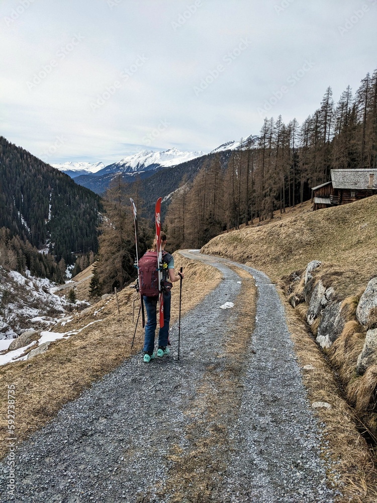 hike to the snow with touring ski attached. High quality photo. Monstein Davos