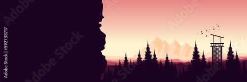 forest sky panorama mountain landscape forest tree silhouette view vector illustration good for web banner, ads banner, tourism banner, wallpaper, background template, and adventure design backdrop