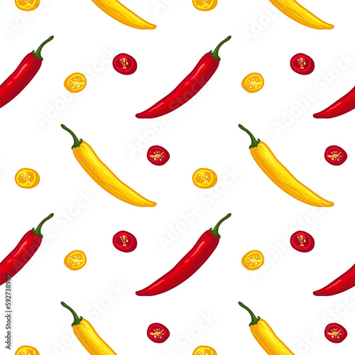 Red and yellow chili peppers. Seamless pattern with pepper.