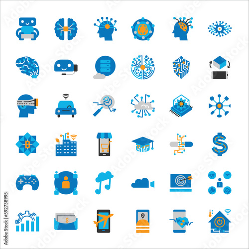 Innovative artificial intelligence and technology icon set in flat color style.