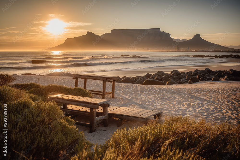 Sunset Beach near Cape Town. View to Table Mountain created with Generative AI technology