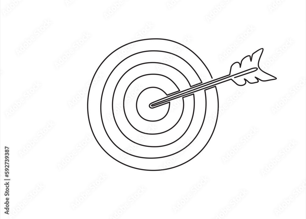 Continuous one line drawing of arrow on target circle.Target bullseye or arrow on target. The business grows according to the goals set. Business market concept. Continuous one line drawing of arrow on target circle.Target bullseye or arrow on target. The business grows according to the goals set. Business market concept.