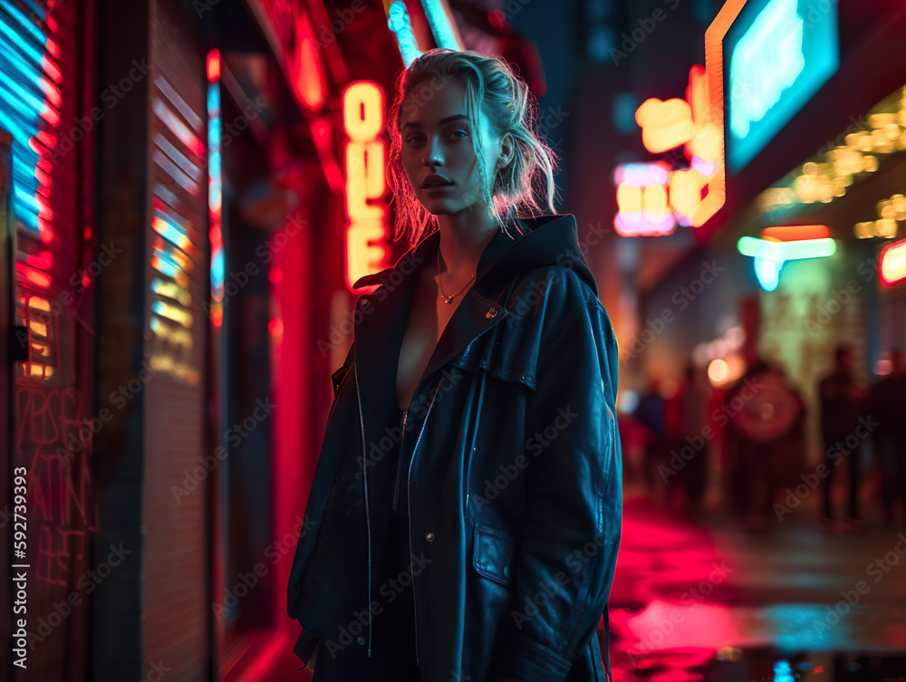 Teenage girl stands in front of a neon illuminated street at night, her face lit up by the vibrant colors of the city, AI generative