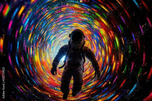 astronaut floating before a swirling, abstract, multicolored vortex in space, futuristic concept, generative ai
