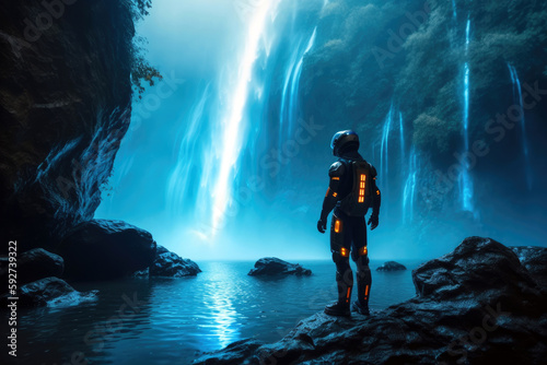 spaceman near a vibrant  alien waterfall  an astronaut gazes at the shimmering  prismatic mist  futuristic concept  generative ai
