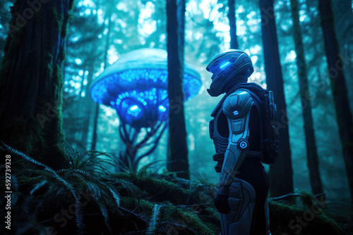 futuristic spaceman concept, gravity-defying, alien forest, an astronaut observes glowing, levitating spores, generative ai