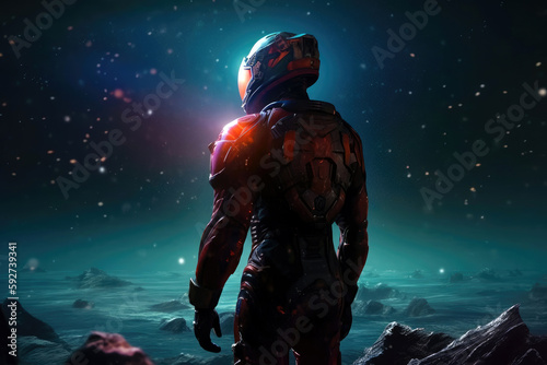 futuristic spaceman concept, on a distant, extraterrestrial beach, an astronaut gazes at a sky illuminated by a breathtaking supernova, generative ai