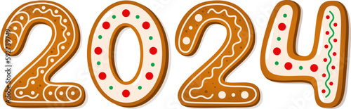 2024 text in gingerbread cookies style with multicolored icing. New Year, sweet, dessert or winter holiday theme. Vector illustration on white background. 