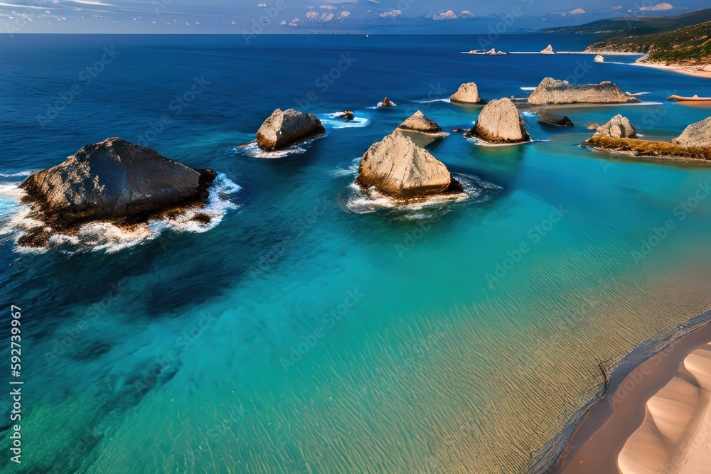 Aerial photo of a oceanfront beach, view from helicopter, blue blurred. Wildlife concept of ecological environment. Generative AI Aerial photo of a oceanfront beach, view from helicopter, blue blurred. Wildlife concept of ecological environment. Generative AI
