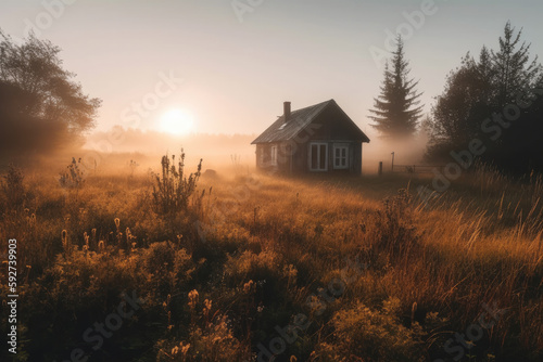 house in the fog created with Generative AI technology