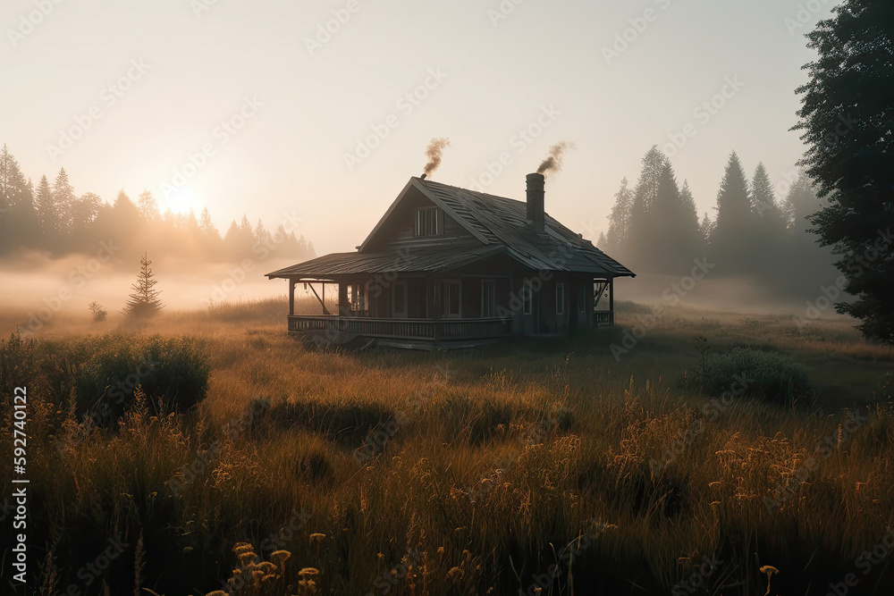house in the fog created with Generative AI technology house in the fog created with Generative AI technology