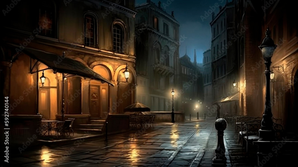 dark street at night Venice lamps
