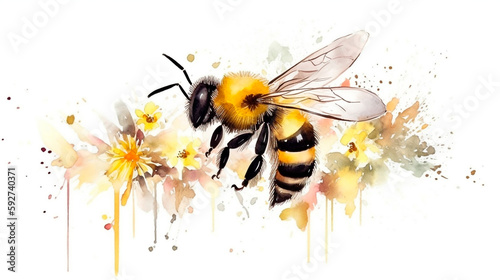 friendly bee watercolor, flowers splash of yellow colors