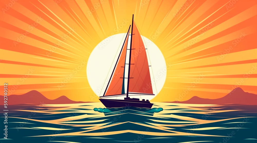 Illustration of a sailing boat In the ocean with the sun 