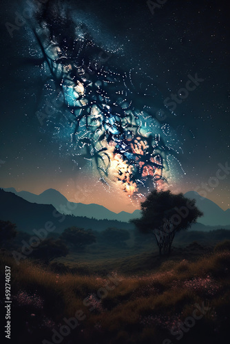 Starry Nightfall: Digital Illustration of a Celestial Landscape at Dusk